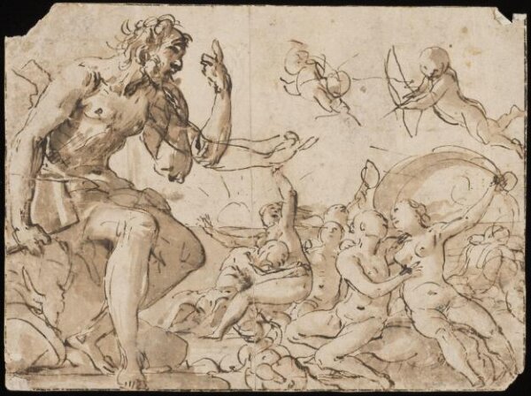 Giovanni Baglione, Sea-nymphs playing with tritons and a man; on the left a semi-draped giant, holding a book or stone, seated on a rock; possibly Polyphemus with Acis and Galatea