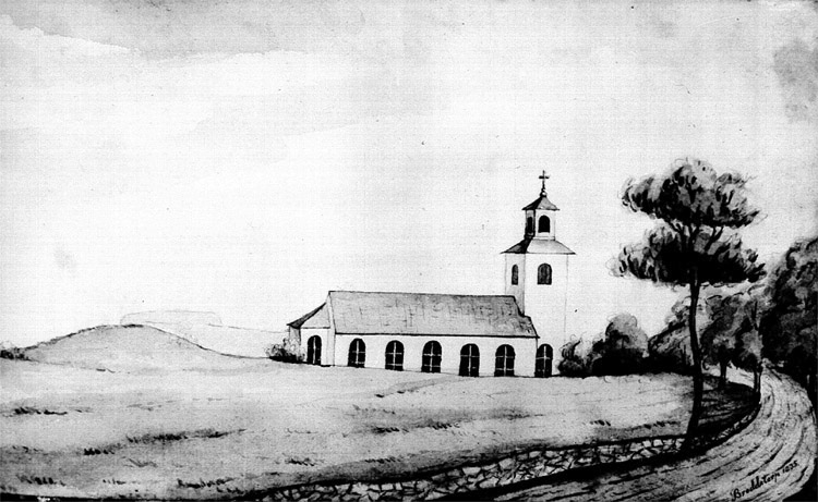 Unknown artist, Broddetorps kyrka. Teckning eller tuchlavering av G. Than från Händene, ägs av G. Boorg.