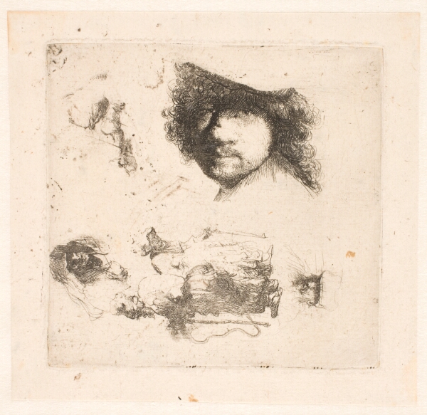Rembrandt van Rijn, Blad med forskellige studier: Selvportræt, tiggerpar, hoveder