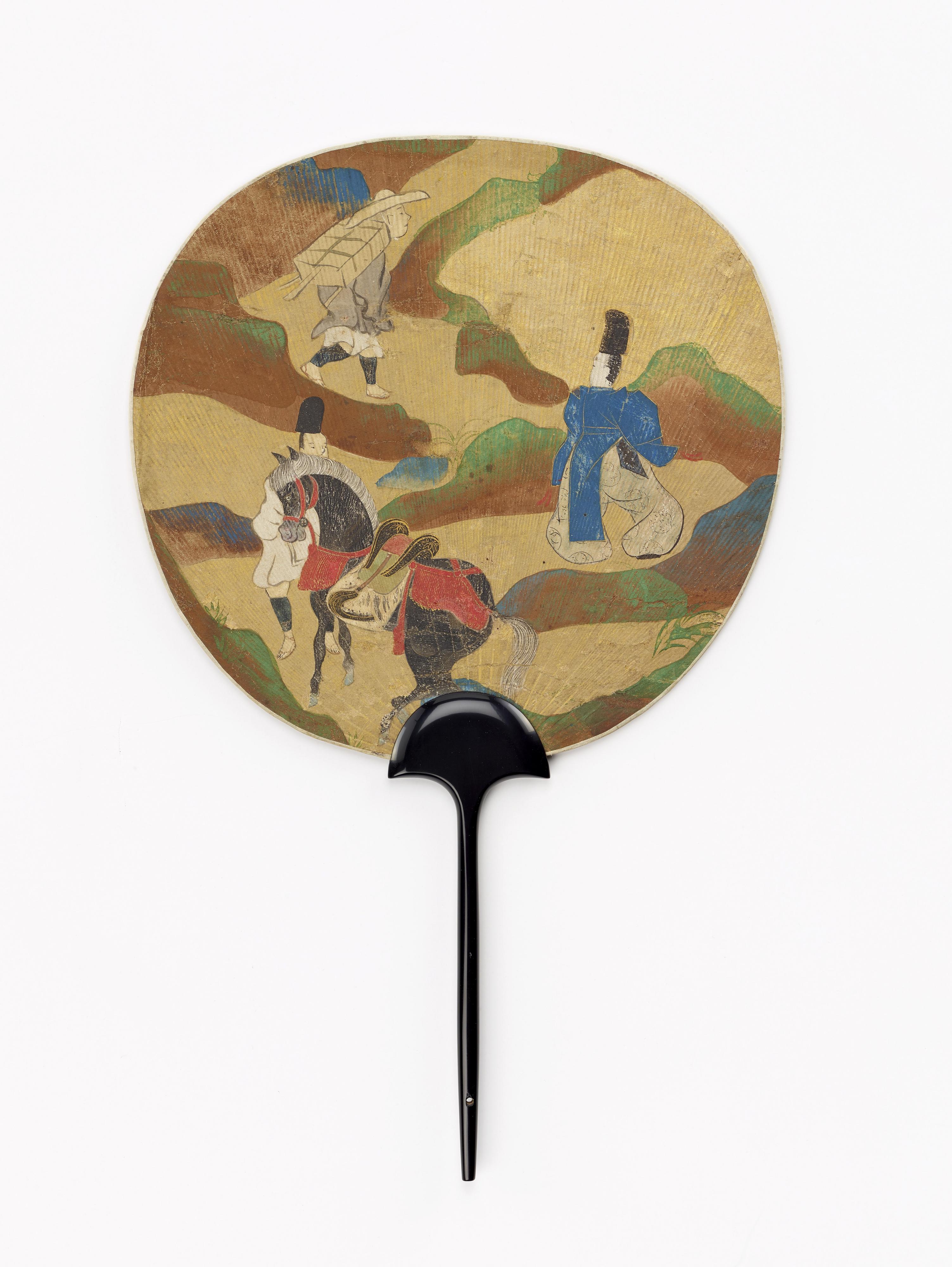 Ogata Korin, On one side Narihira and the pilgrim; on the other, chrysanthemums and a brook