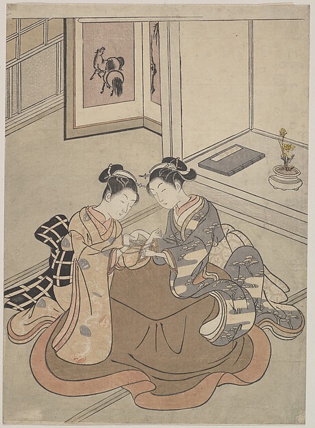 Suzuki Harunobu, Two Young Women Seated by a Kotatsu Playing Cat's Cradle
