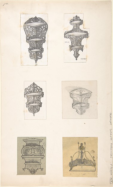 Anonymous, French, 19th century, Six Designs for Hanging Shelves