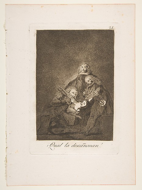 Goya (Francisco de Goya y Lucientes), Plate 21 from "Los Caprichos": How they pluck her! (¡Qual la descañonan!)