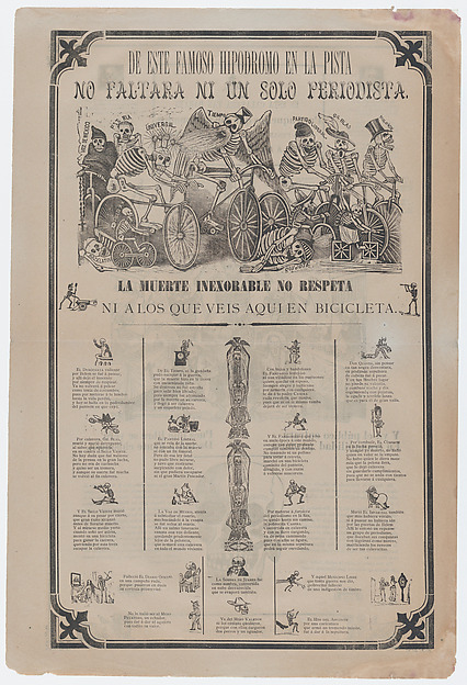 José Guadalupe Posada, Broadside: on recto skeletons riding bicycles; on verso skeletons buying and selling printed images etc