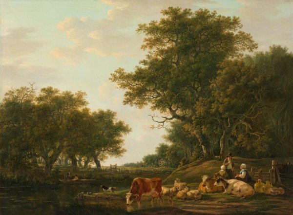 Jacob van Strij, Landscape with Peasants with their Cattle and Anglers on the Water