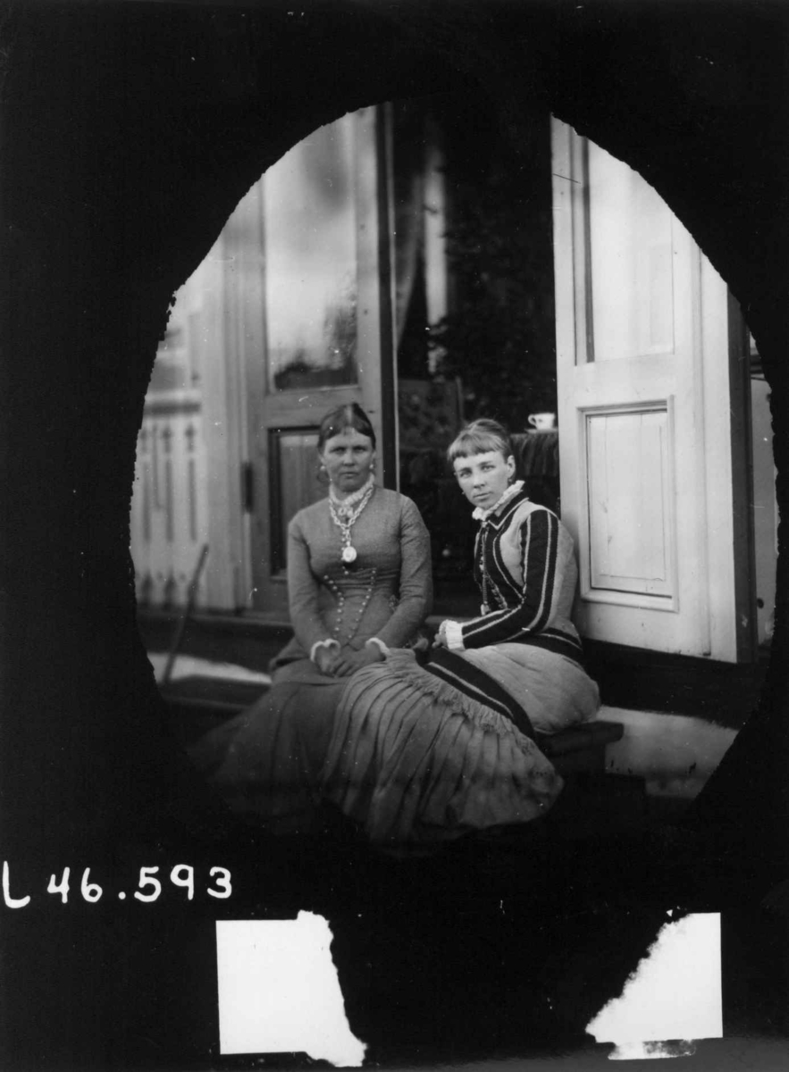 Fredrik Emil Faye, Dobbeltportrett, oberstinne Dahle (?) og fru Sigrid Faye på trapp, ca. 1880. Fra portrettserie av personer som bodde på eller besøkte Dal gård, Ullensaker, fotografert av gårdens eier, kammerherre Fredrik Emil Faye (1844-1903) i årene 1875-1900.
