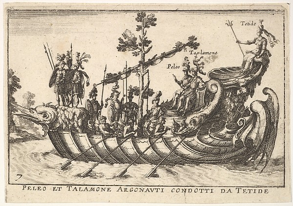 Anonymous, Plate 7: Peleo et Talamone Argonauti condotti da Tetide, from "The magnificent pageant on the river Arno in Florence for the marriage of the Grand Duke" (Le Magnifique carousel fait sur le fleuve de l'Arne a Florence, pour le mariage du Grand Duc)