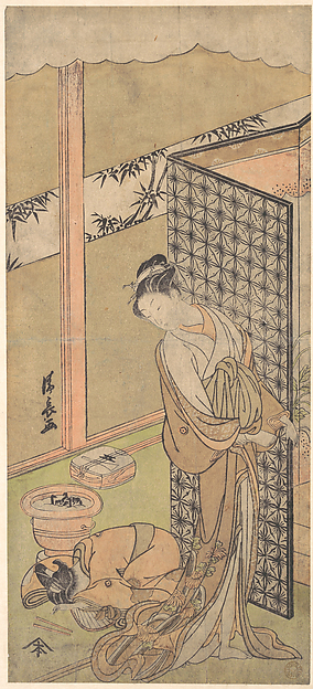 Torii Kiyonaga, An Oiran in Night Attire, pausing, with one Hand on the Screen that Surrounds Her Bed