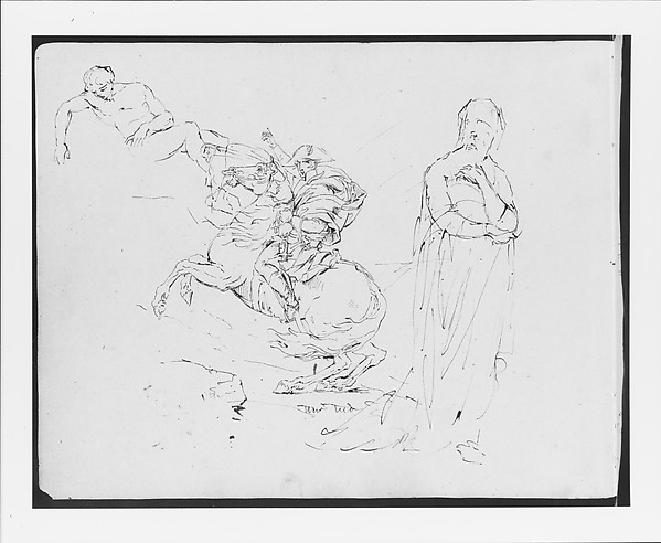 Thomas Sully, Sketch after David's Napoleon Crossing the Alps; a Recumbent Nude Male; a Standing Female (from Sketchbook)