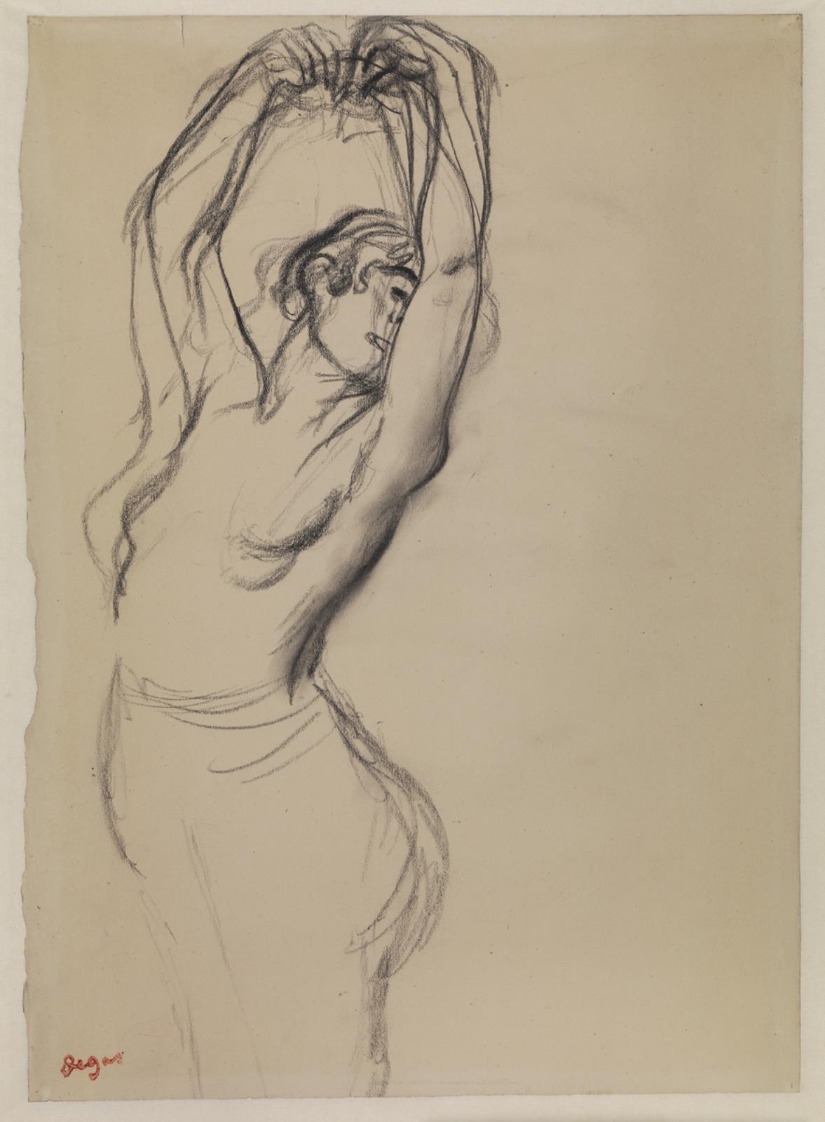 Edgar Degas, Danserinde med blottet overkrop og armene løftet over hovedet, knæfigur mod venstre