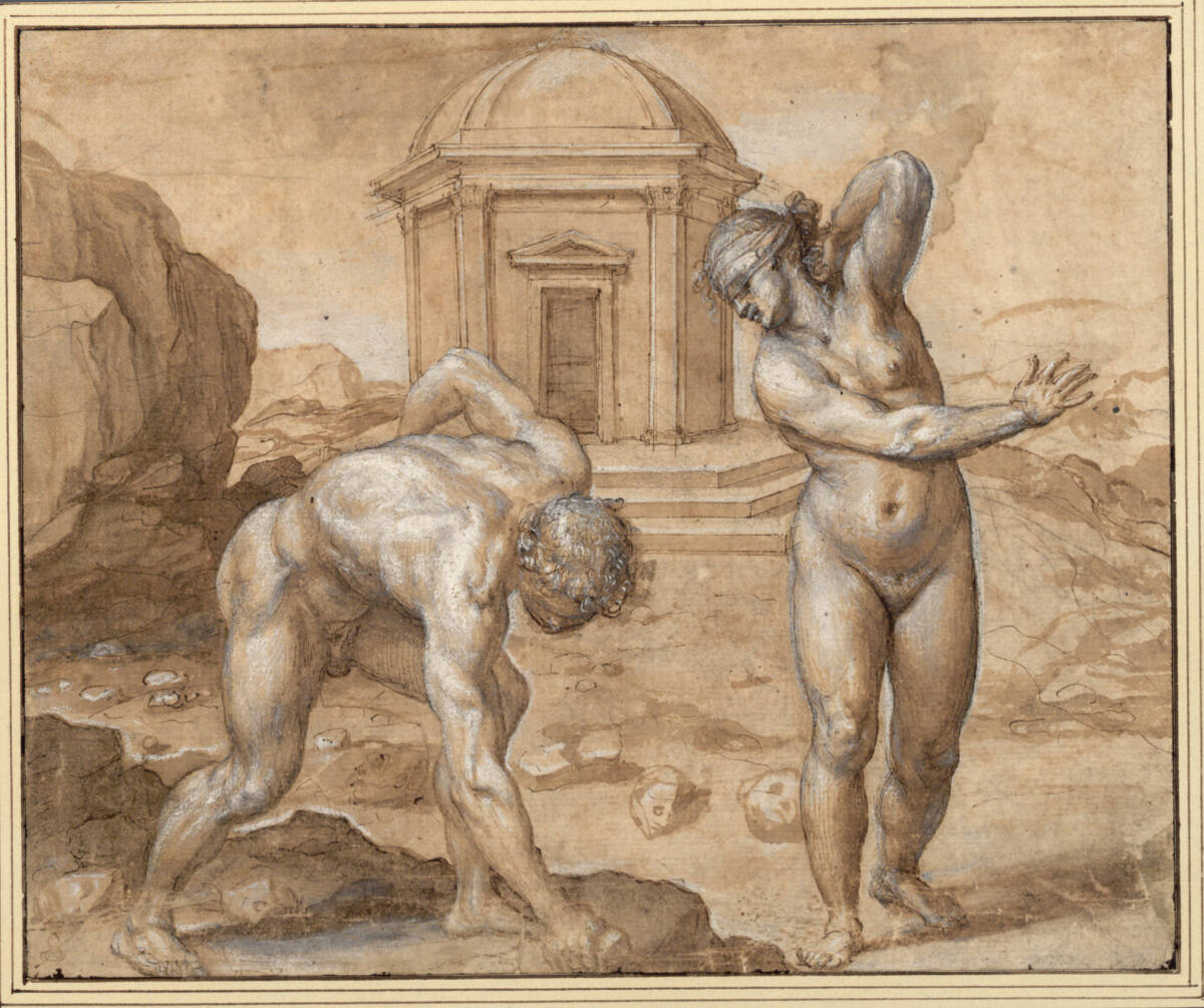 Anonym, Deukalion und Pyrrha werfen die Steine der Erde hinter sich (Ovid, Met. I, 348-415)