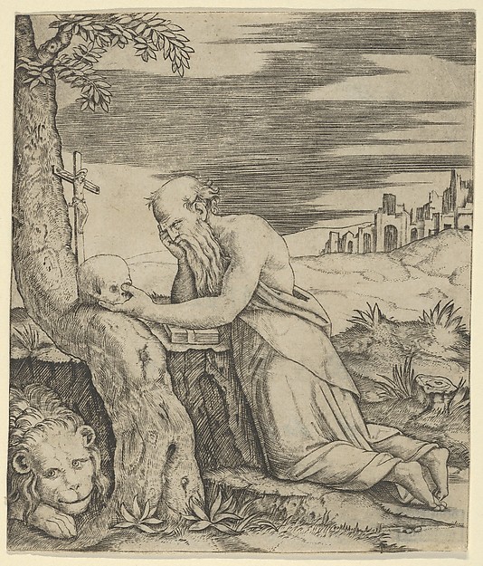 Marcantonio Raimondi, St Jerome kneeling before a crucifix, a skull in his left hand, a lion laying at the left