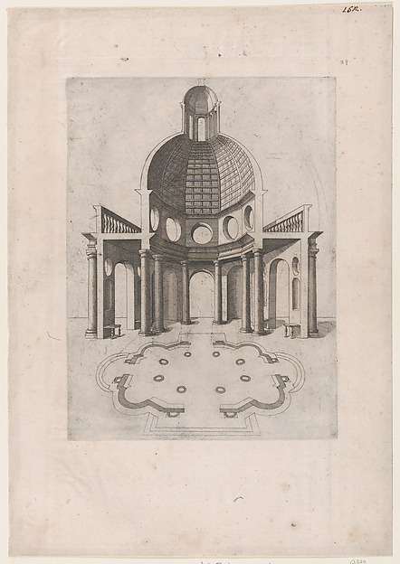 Anonymous, Interior and ground plan of an octagonal temple, from "Speculum Romanae Magnificentiae"