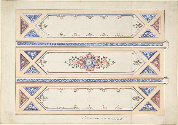 Anonymous, British, 19th century, Ceiling Design with Three Panels Divided by Beams