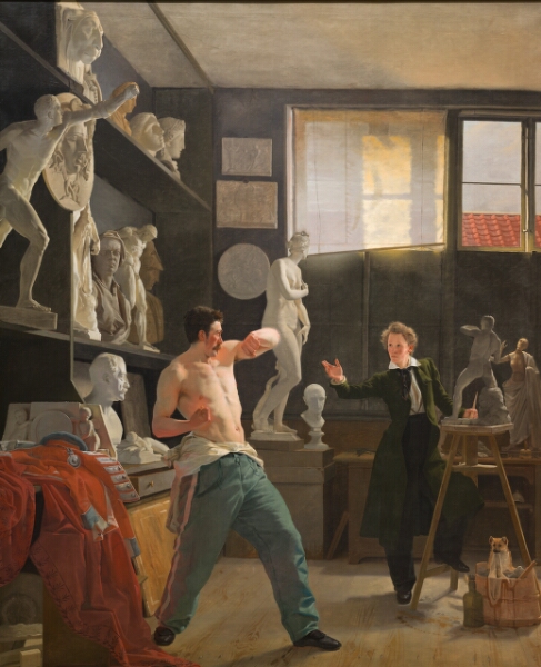 Wilhelm Bendz, En billedhugger (Christen Christensen) arbejder efter levende model i sit atelier