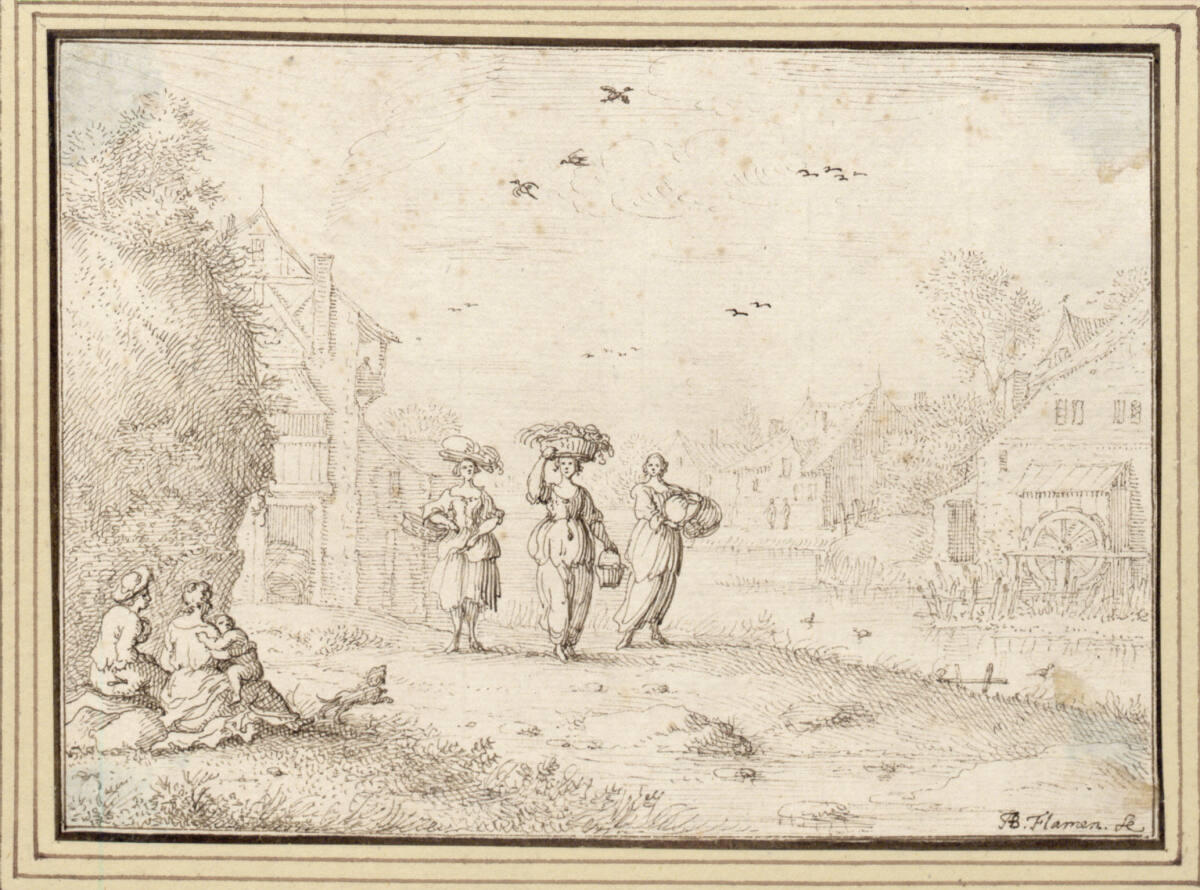 AlbertFlamen, Dorf am Wasser mit sitzender Familie und drei Korbträgerinnen (II-3)