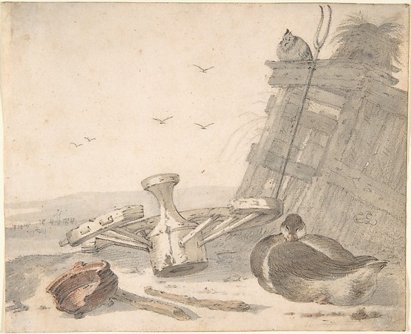 Cornelis Saftleven, A Duck Sleeping near a Broken Wheel in a Farmyard, a Chicken beyond