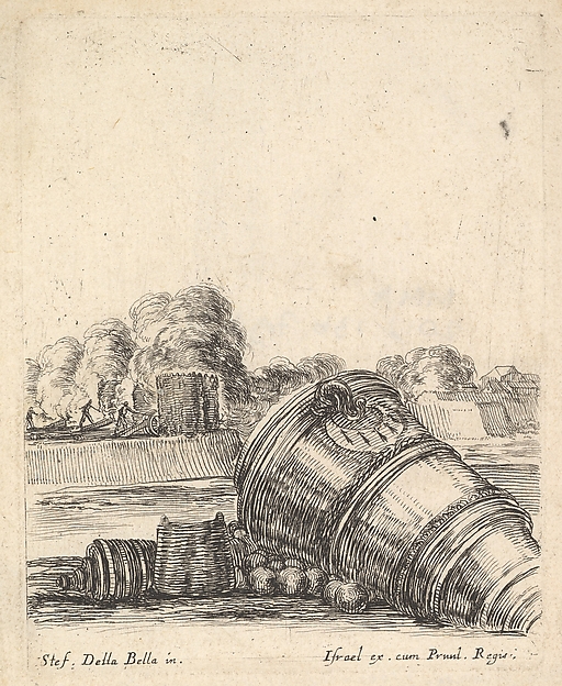 Stefano della Bella, A mortar without a carriage lying on the ground to the right, soldiers firing cannons creating clouds of smoke in the background, from "Equipment needed for Fortification" (Recueil de diverses pièces très nécessaires à la fortification)