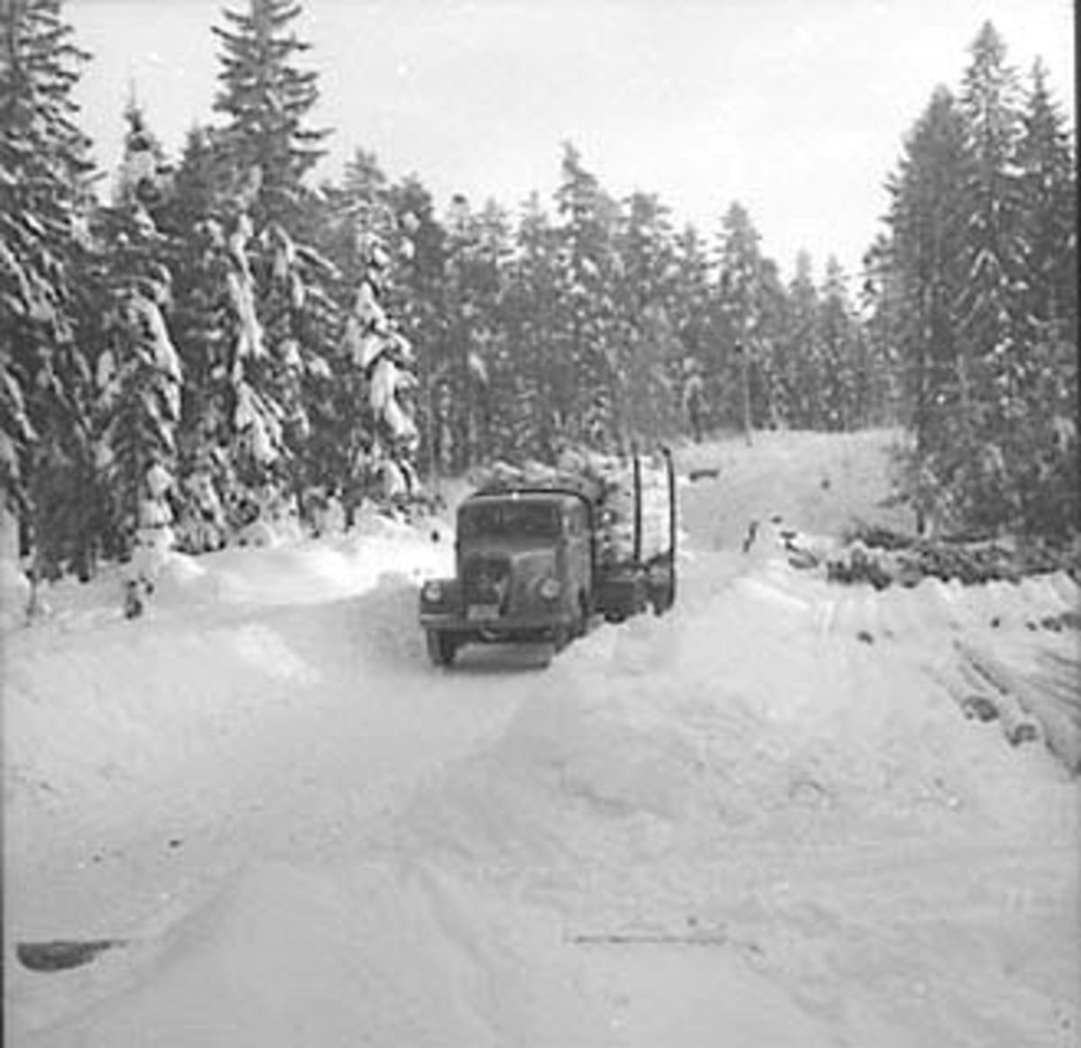 Anno Domkirkeodden, TØMMERKJØRING, SKOGBRUK, LASTEBIL MED TØMMER, VINTER, SNEKKERSVEDRIFTA, PRESTMARKA