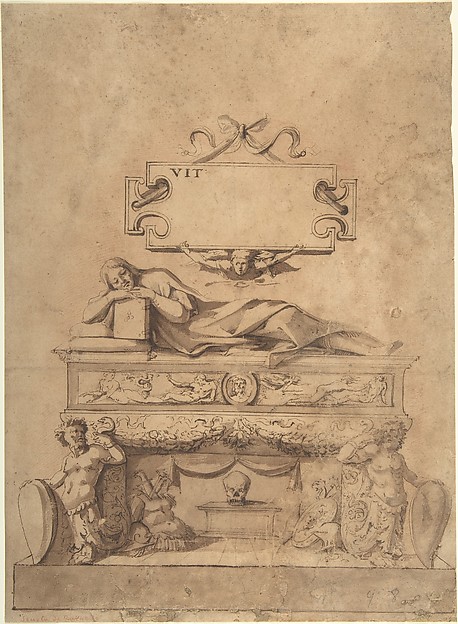 Anonymous, Italian, 16th century, Tomb Design with Reclining Figure on Sarcophagus
