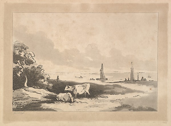 Thomas Rowlandson, Shore scene with cattle, boats in shallow water behind, or, Cattle, River side