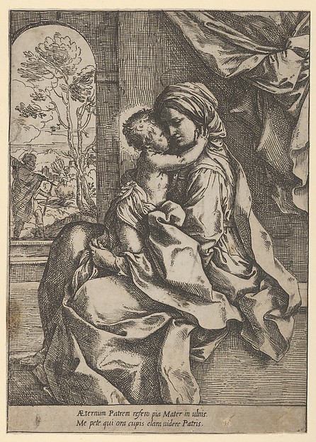 Guido Reni, The Virgin seated with the Christ Child on her lap embracing her, Joseph seen through an archway at left