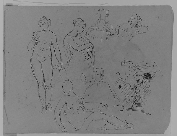 Thomas Sully, Seven Figure Sketches: Standing Female Nude with Fruit; Madonna and Child (?); Two Female Busts; Recumbent Semi-nude Figure, etc. (from Sketchbook)
