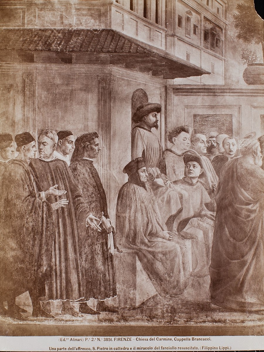 Fratelli Alinari, Filippino Lippi: Die Wiedererweckung des Sohnes von Theophilus und der thronende Petrus (Ausschnitt), Santa Maria del Carmine, Cappella Brancacci, Florenz