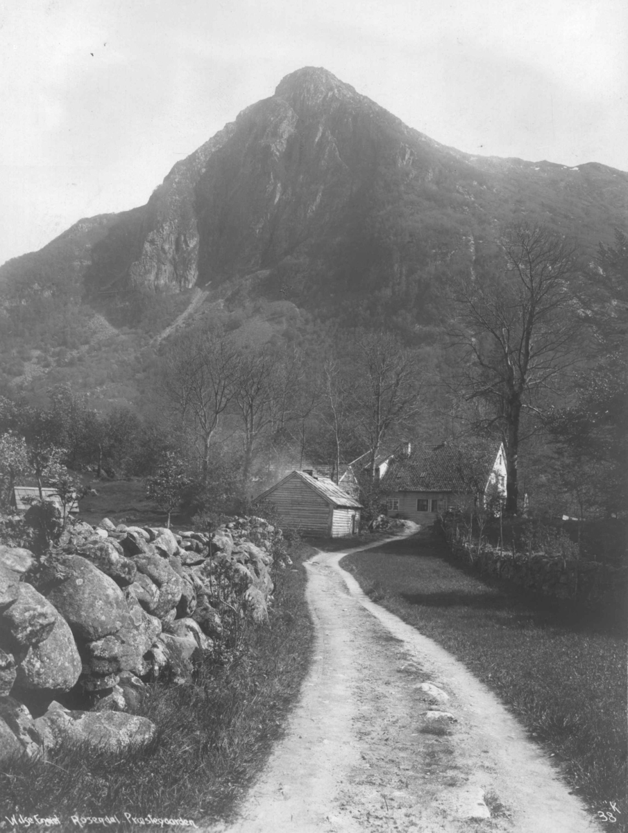 Anders Beer Wilse, Rosendal i Kvinnherad med fjellet Malmangernuten og Prestegården. Vei med steingjerde.