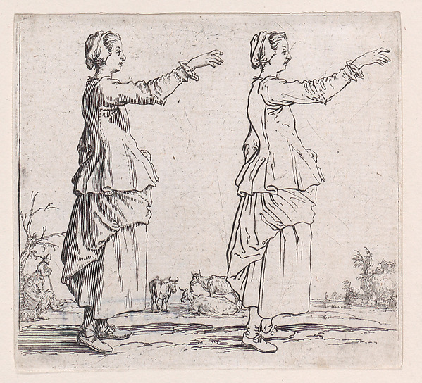 Jacques Callot, La Paysanne Tournée a Droite, la Main Tendue en Avant (The Peasant Woman Turned  to the Right, her Hand Extended Forward), from "Varie Figure" (Various Figures)