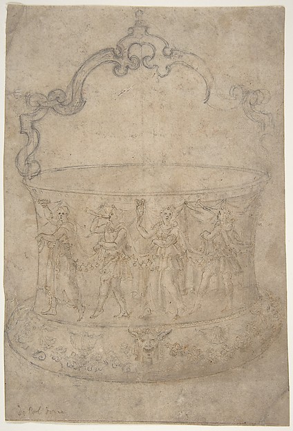 Girolamo Genga, Design for a Bucket-Like Vessel with a Handle of Strapwork, on a Body Adorned with Dancing and Music-Making Antique-Style Figures