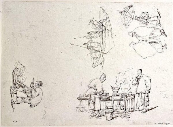 George Chinnery, Chinese figures at a foodstall, and three other sketches, Macau