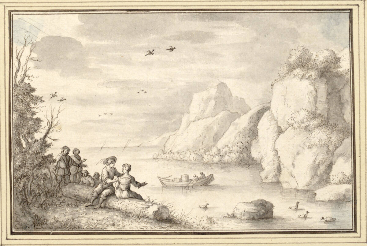 AlbertFlamen, Felsenreiche Flußlandschaft mit liegendem Baumstamm, auf dem ein Liebespaar sitzt (IV-26)