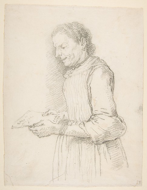 Francesco Zuccarelli, Woman in Half-Length, Profile View Facing Left and Reading a Piece of Paper Signed "Catarina"