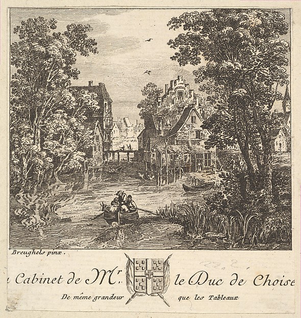 Anonymous, French, 18th century, Boat on a River near a Town after a painting in the cabinet of the Duc de Choiseul