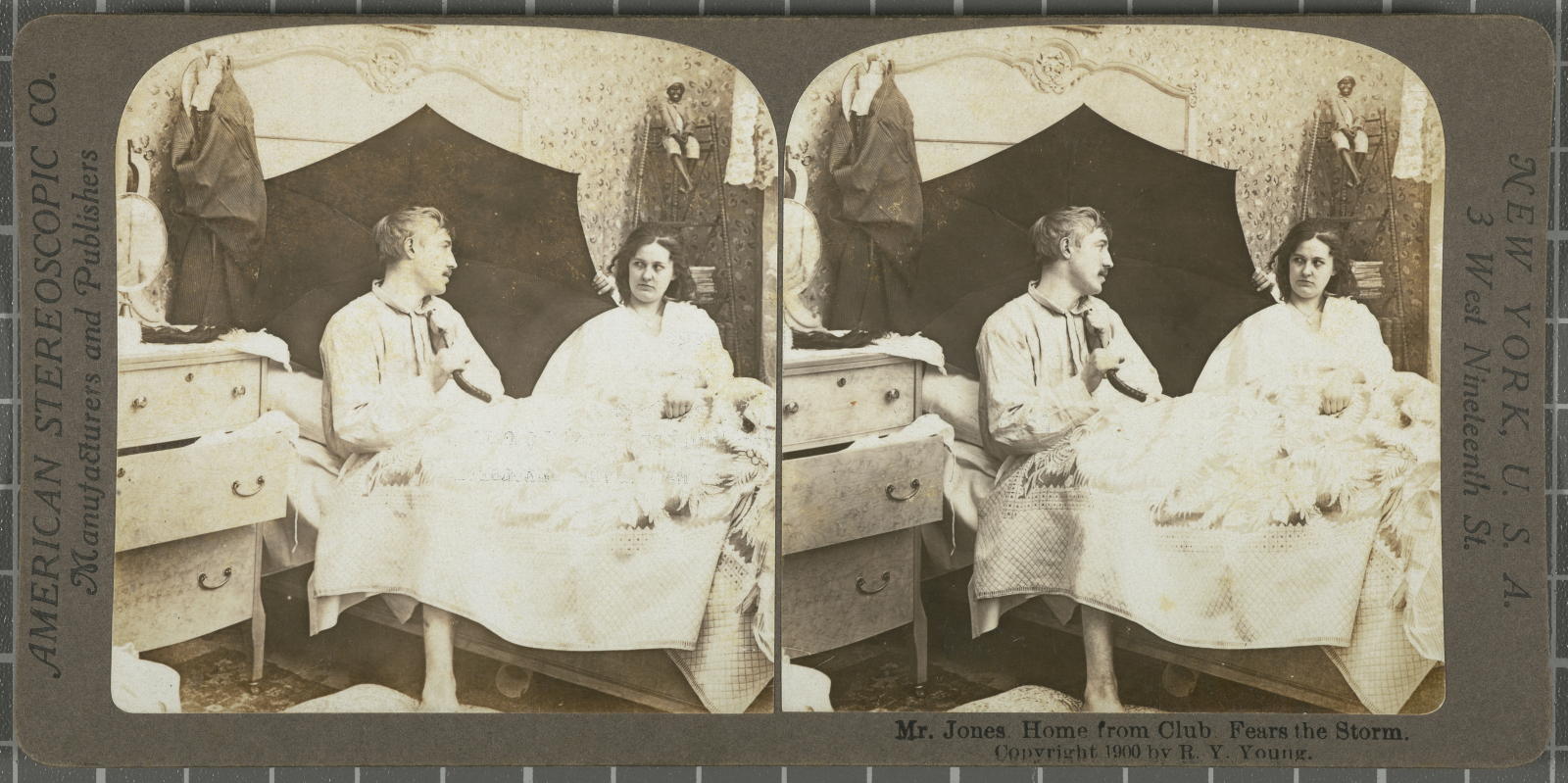 Desconegut, Mr. Jones Home from Club. Fears the Storm. American Stereoscopic Company