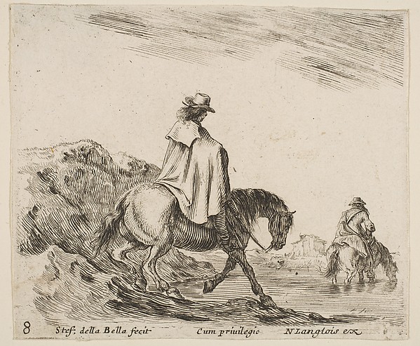 Stefano della Bella, A horseman descends a riverbank, another horseman in river to right, plate 8 from "Diversi capricci"