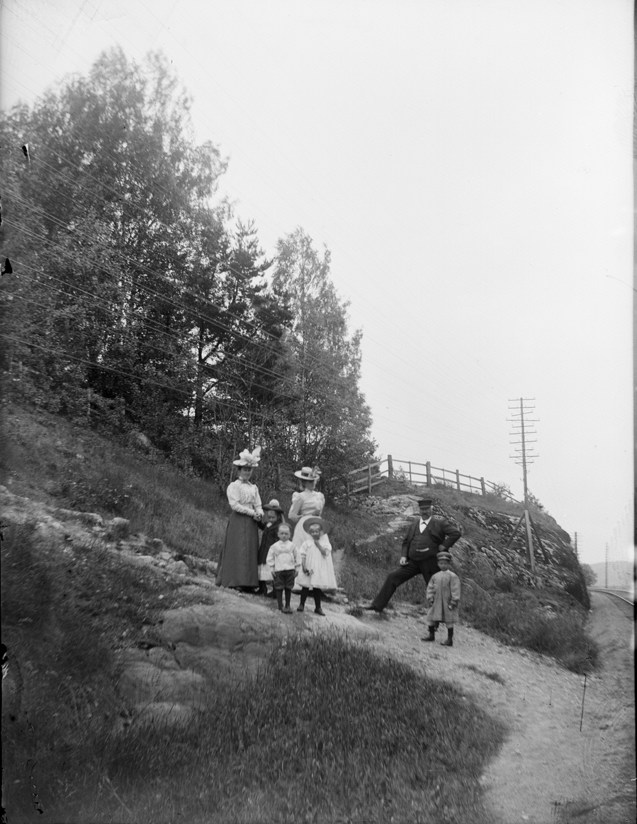 Carl Liljefors, Elin, Olle, Carin, Marianne, Lisa, Erik, och Frithiof Liljefors i Visbohammars hage, Gnesta, Södermanland 1900 - 1901