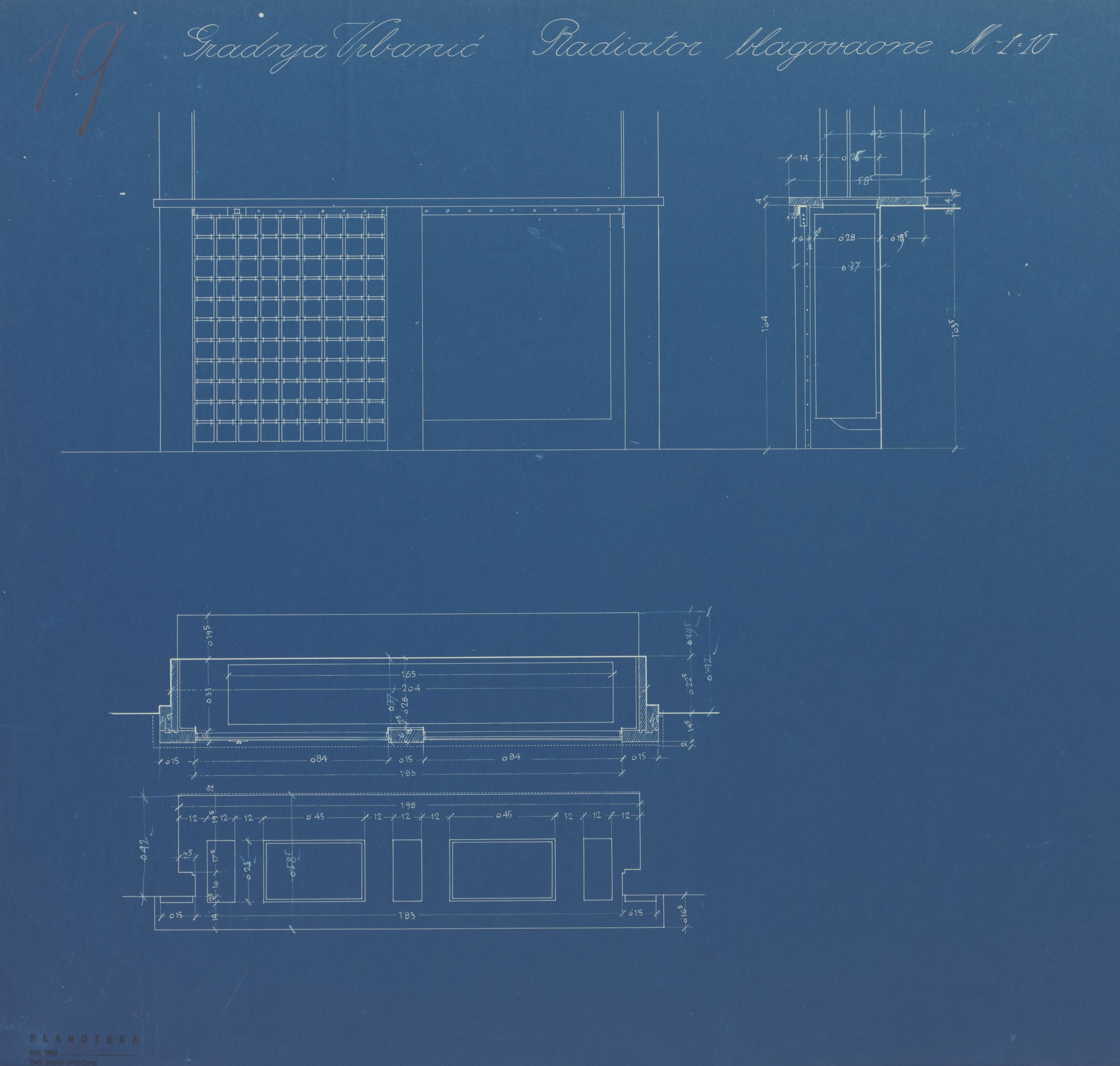 Viktor Kovačić, Vila Vrbanić, radijator blagovaonica: 1. pogled, 2. presjek, 3. tlocrt