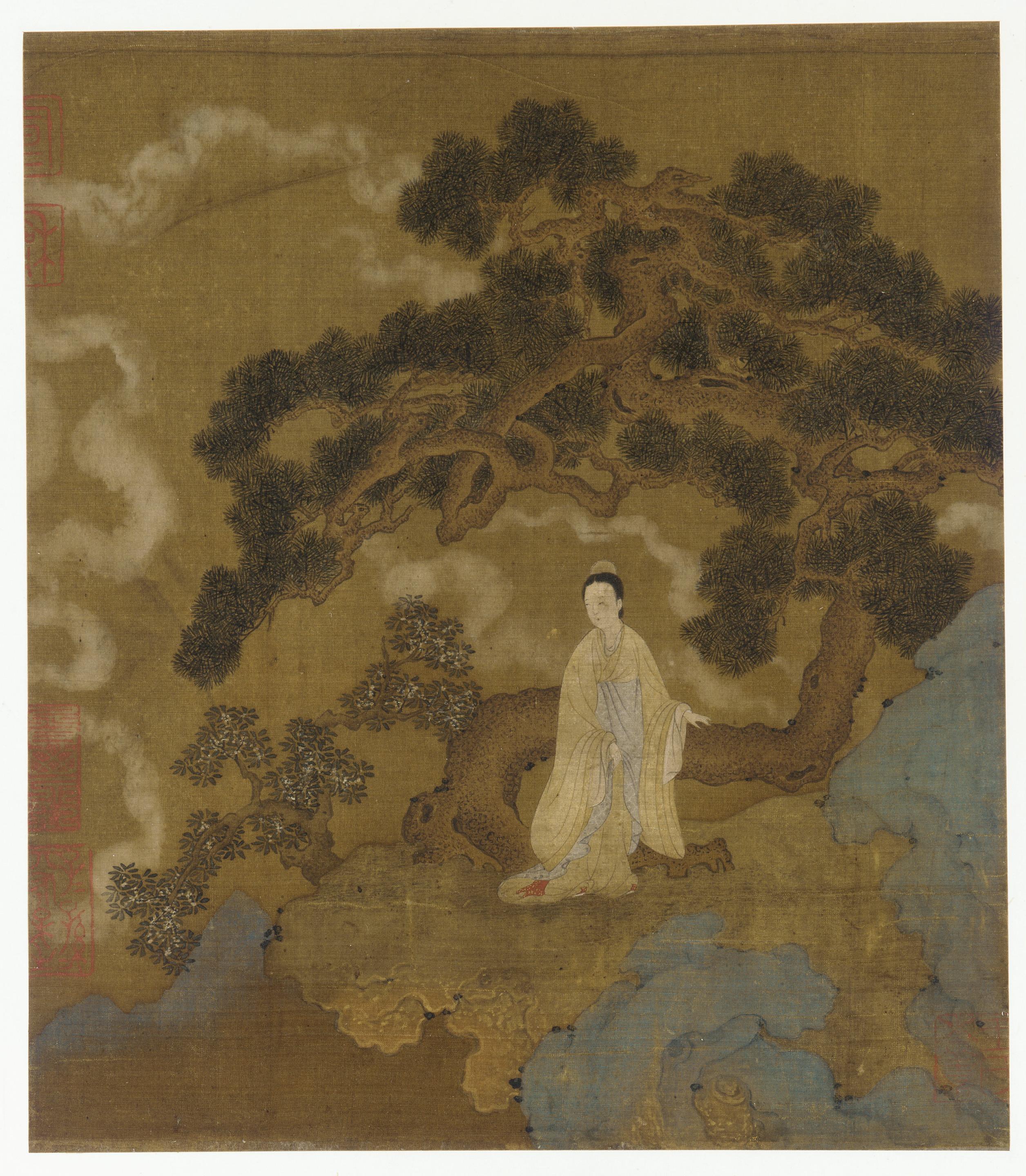 Formerly attributed to Zhou Wenju, Lady under a gnarled pine tree