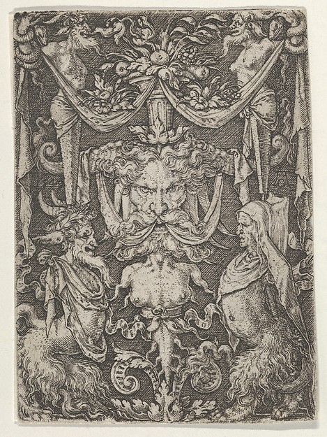 Heinrich Aldegrever, Panel with Grotesque Candelabrum Containing a Mask and Two Satyrs