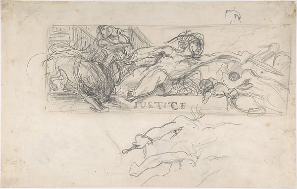 Eugène Delacroix, Study for an allegorical figure of Justice in the ceiling decoration of the Salon du Roi, Palais Bourbon (recto); studies of allegorical figures, and architectural sketches (verso)