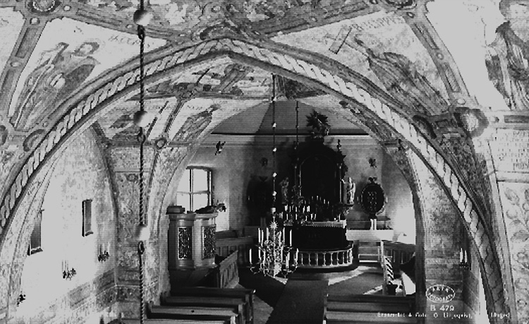 AB Flygtrafik, Interiör av Knista kyrka. Bilden tagen för vykort. Förlag: E. & M. Kjell, Fjugesta.