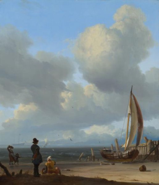 Ludolf Bakhuysen, A Seascape with Figures by a Boat on a Shore
