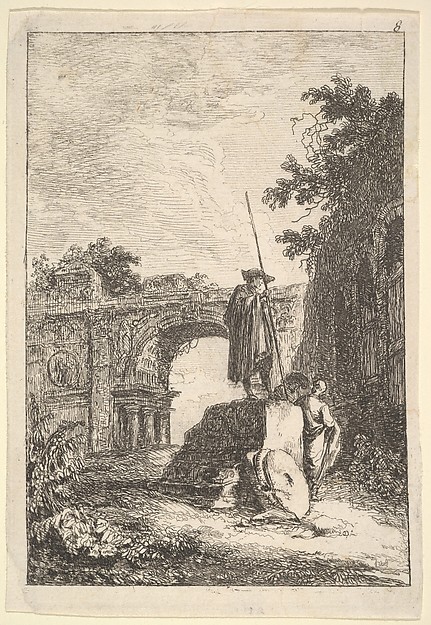 Hubert Robert, Plate 8: The Triumphal Arch: a man standing atop an architectural fragment in center with two men below, seen from behind, remains of a triumphal arch in the background and the ruins of an arcade to right, from "Les soirées de Rome"