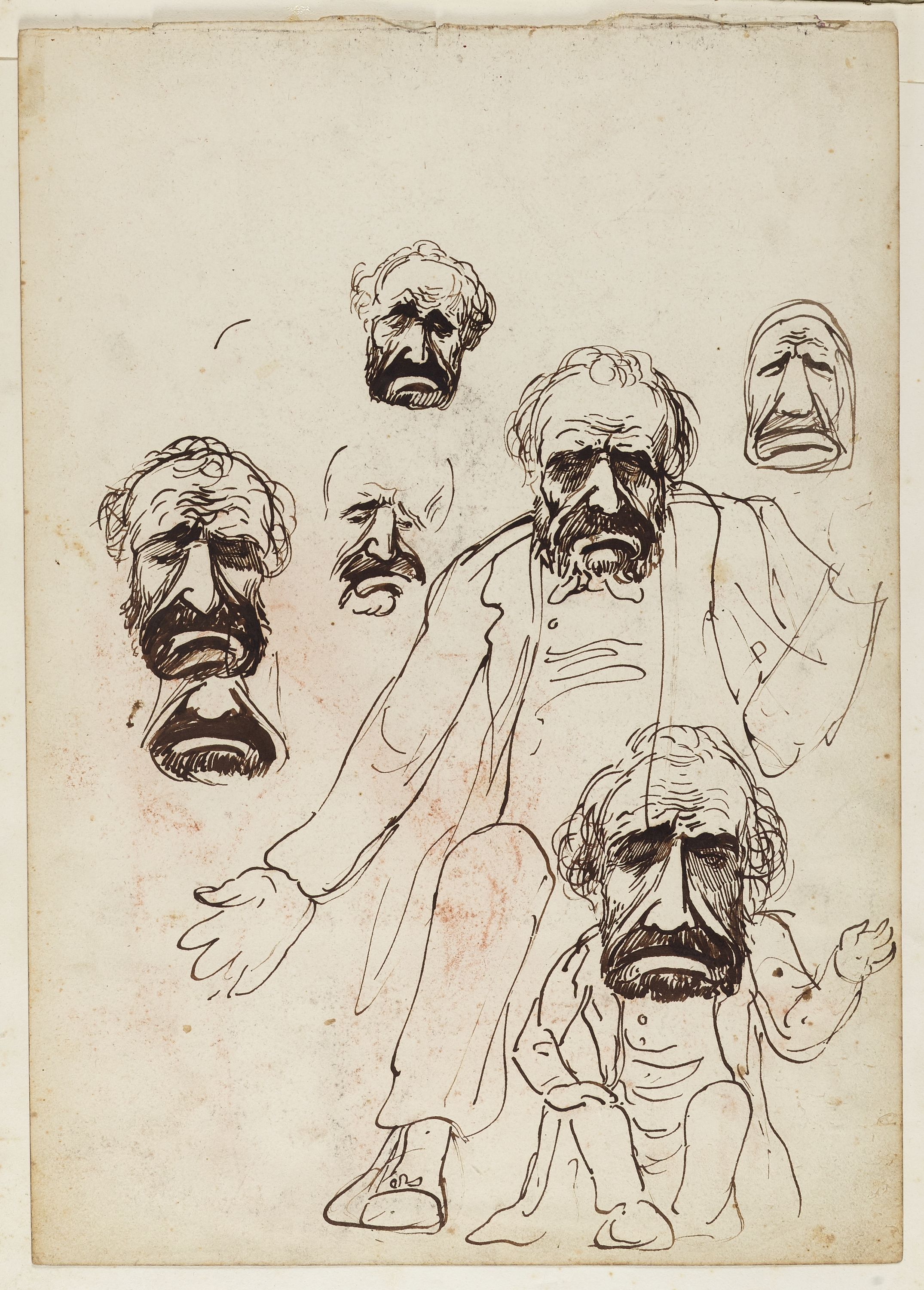 Anonyme, Différents croquis pour le portrait-charge d'un homme barbu (Paul Chenavard ?) / Verso : Etude pour le dessin DDUT1576