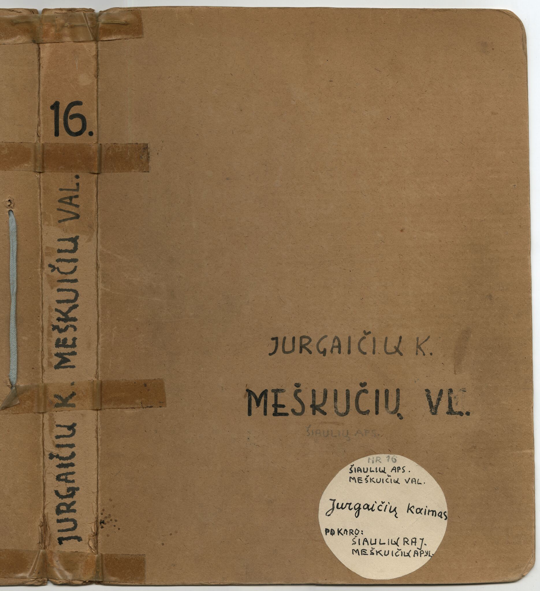 Vladas Zdzichauskas, Archyvinė byla Nr. 16. Šiaulių apskr., Meškuičių vlsč., Jurgaičių kaimo etnografinė medžiaga
