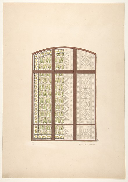 Jules-Edmond-Charles Lachaise, Design for an arched stained glass window, showing two alternative patterns