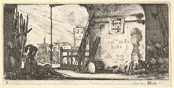 Stefano della Bella, Plate 2: a soldier seated to left beneath an archway, another lying on the ground to right alongside military equipment, from "Troops, cannons, and attacks on towns" (Dessins de quelques conduites de troupes, canons, et ataques de villes)