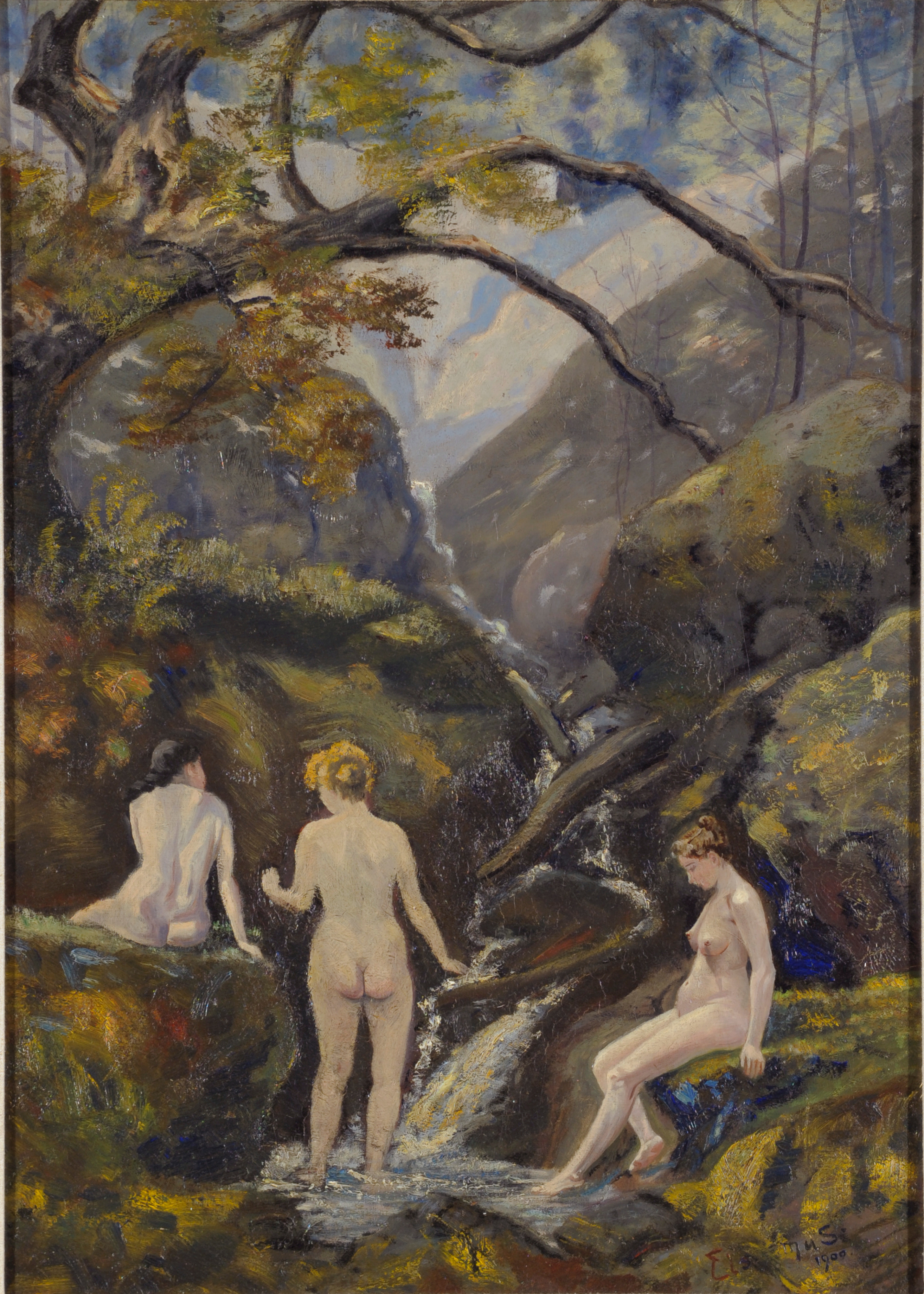 Louis Eilshemius, Mountain Stream (Three Nudes At A Mountain Creek)
